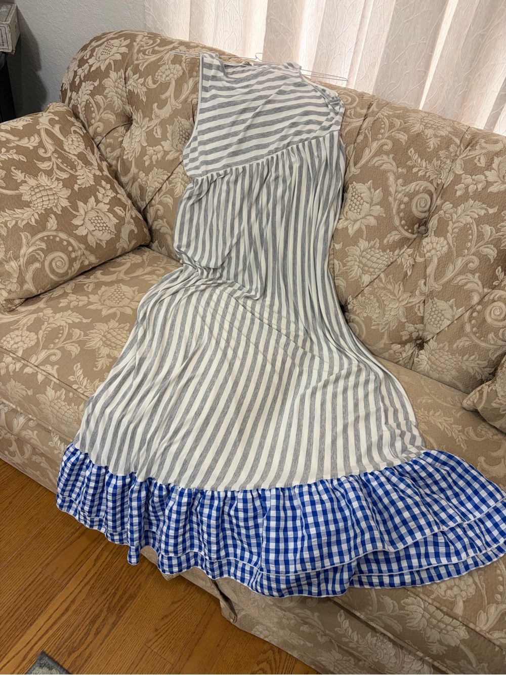 Egs PreOwned Maxi Checkered Gray, Blue & White 2 Tiered Ruffled Dress Size XL